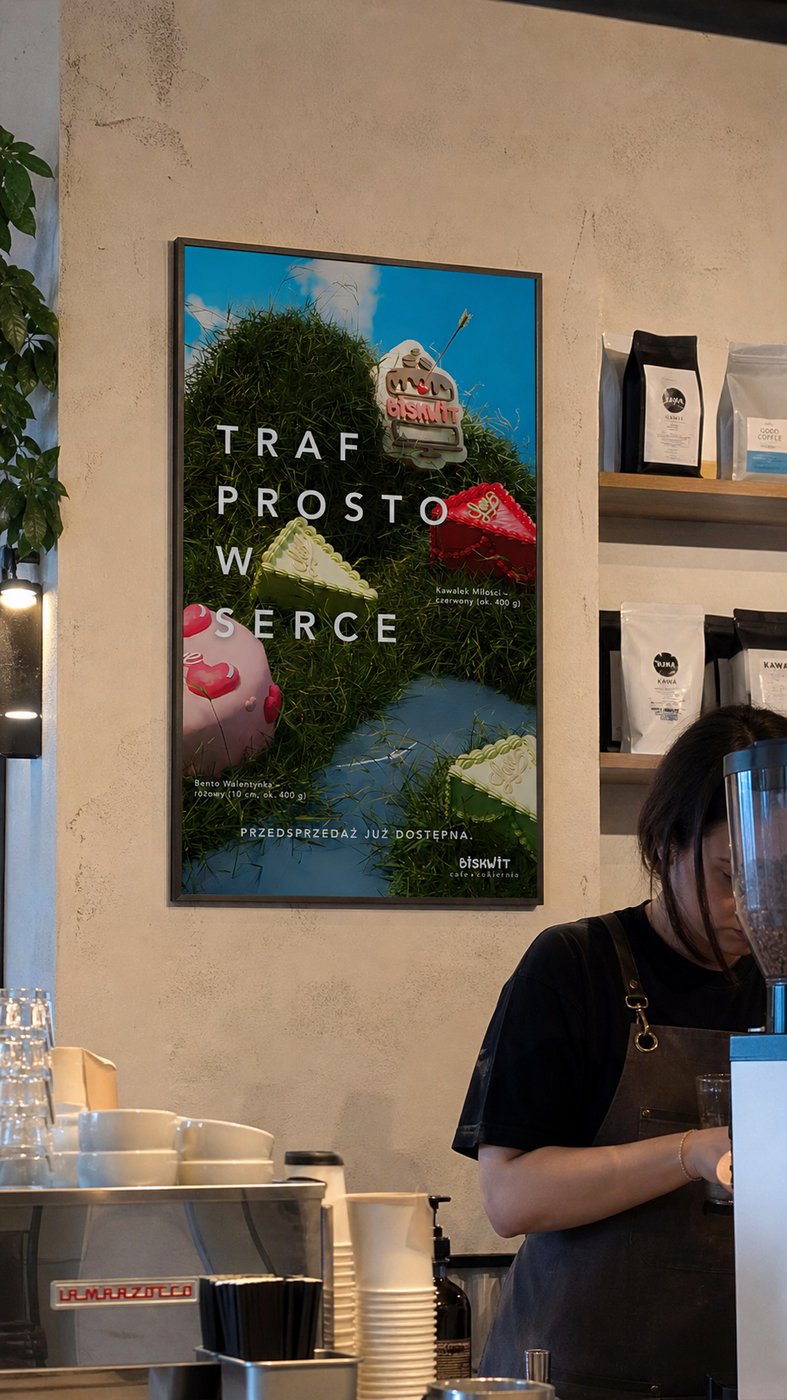 Cafe interior with the Valentine's poster on the wall