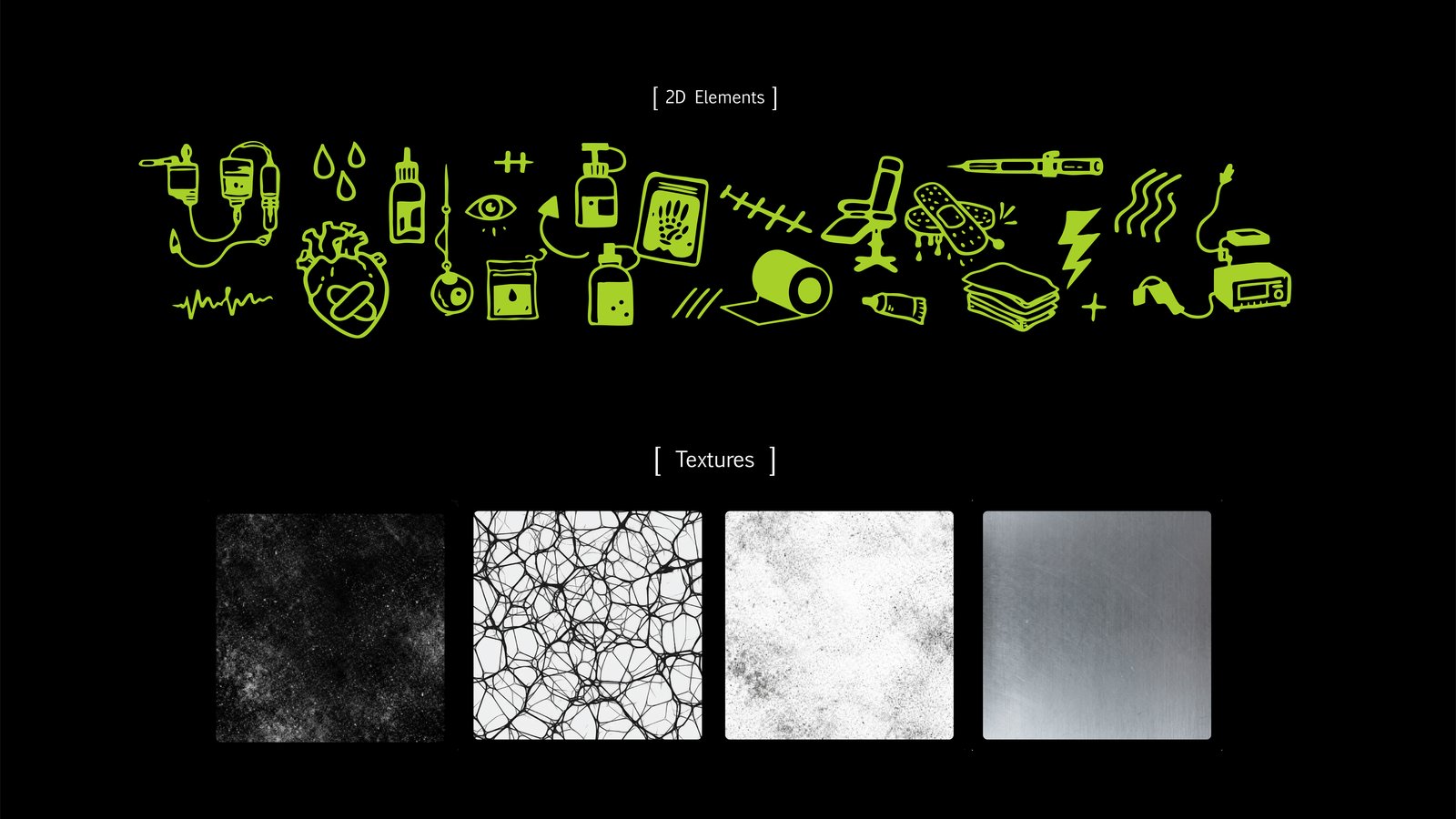 InkRoom 2D elements — tattoo iconography in acid lime + textures (concrete, web, metal)