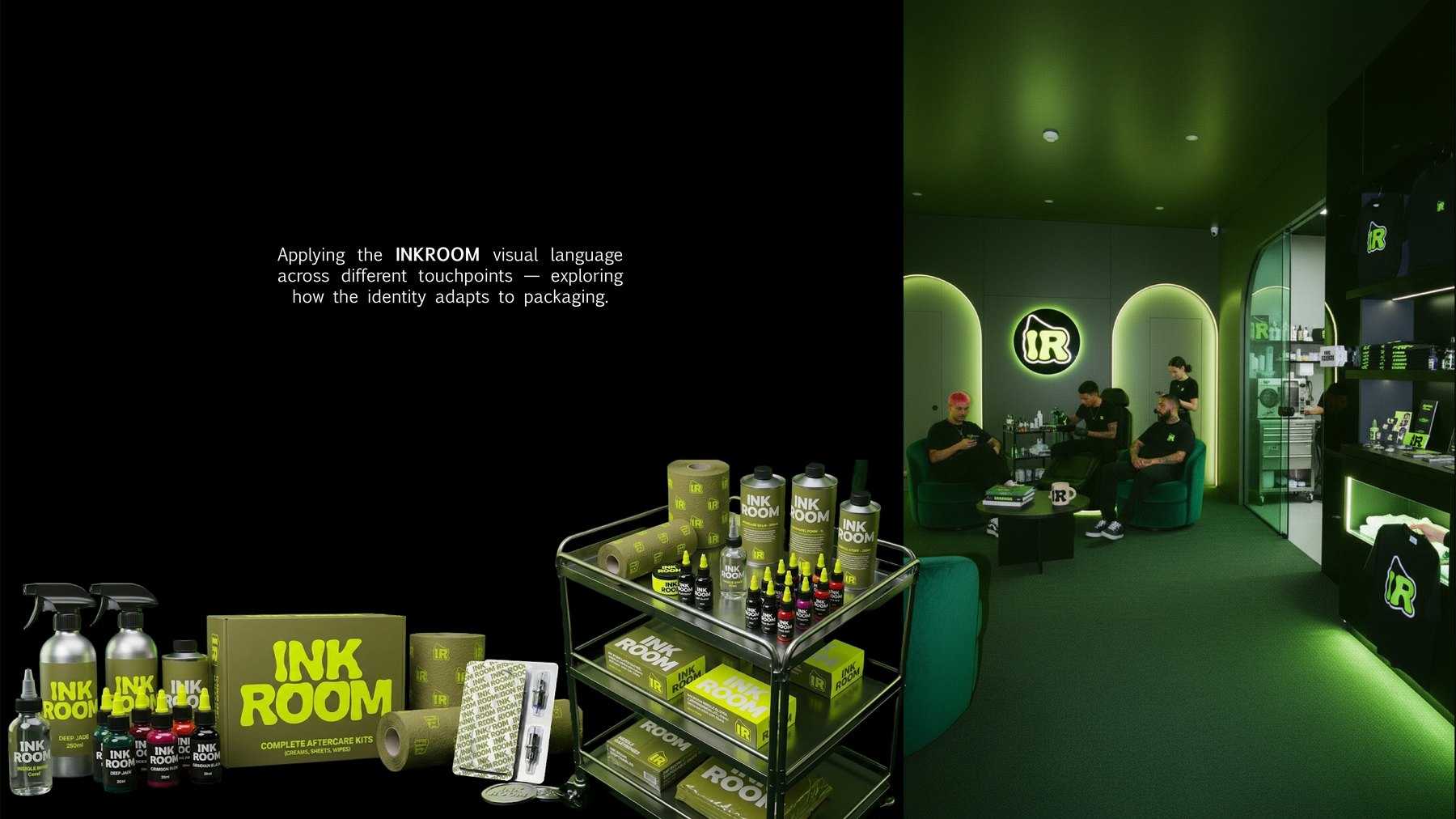 InkRoom packaging mockup — bottles, ink boxes, gift kit, store interior