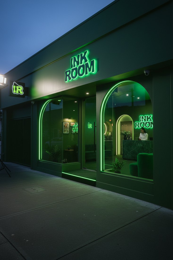 InkRoom storefront — neon green INK ROOM signage at night